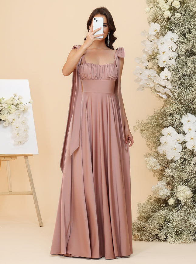 Satin Square Neck Ruched Waist Maxi Bridesmaid Dresses with Bow Shoulder Straps