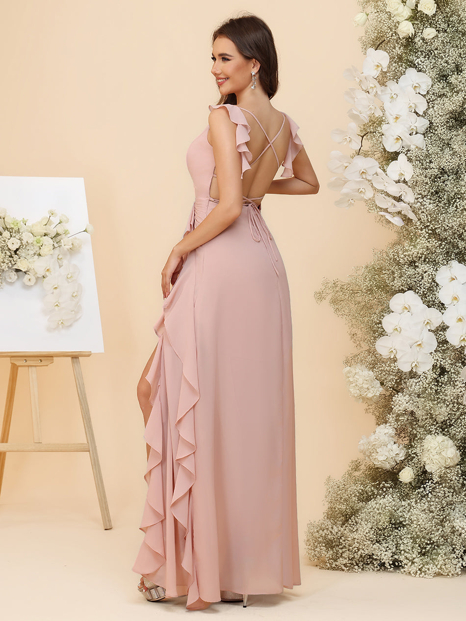 Chiffon V-Neck Asymmetrical Ruffles Ruched Waist Maxi Bridesmaid Dresses with Slit