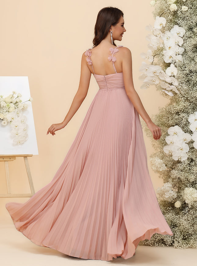 A-Line Chiffon Bridesmaid Dresses - Ruched Bodice & All-Over Accordion Pleated Skirt with 3D Floral Spaghetti Straps