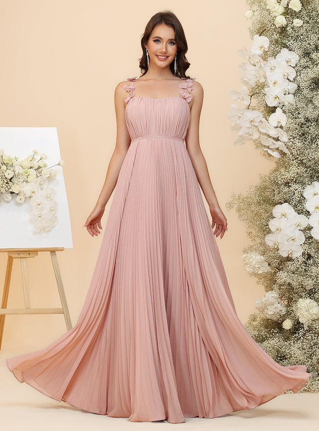 A-Line Chiffon Bridesmaid Dresses - Ruched Bodice & All-Over Accordion Pleated Skirt with 3D Floral Spaghetti Straps