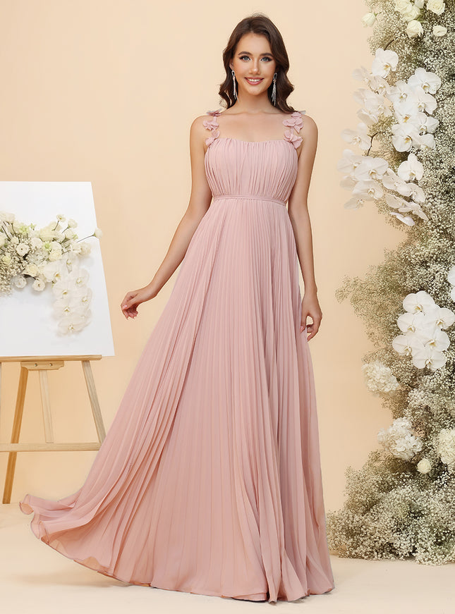 A-Line Chiffon Bridesmaid Dresses - Ruched Bodice & All-Over Accordion Pleated Skirt with 3D Floral Spaghetti Straps