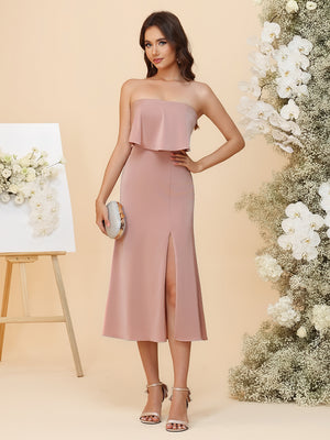 Satin Midi Bridesmaid Dresses - Strapless Ruffle Bodice & Front Slit