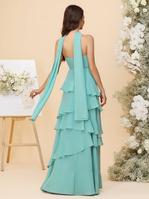 Strapless Bridesmaid Dresses - Tiered Ruffles Chiffon Gowns with Sash