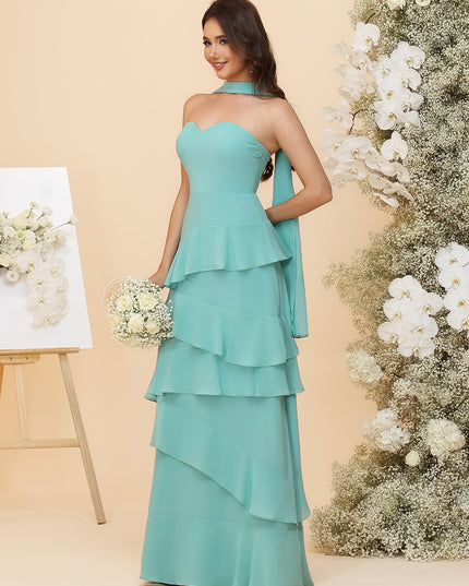 Strapless Bridesmaid Dresses - Tiered Ruffles Chiffon Gowns with Sash
