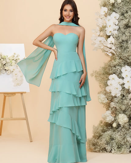Strapless Bridesmaid Dresses - Tiered Ruffles Chiffon Gowns with Sash
