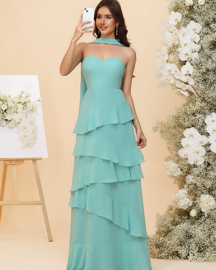 Strapless Bridesmaid Dresses - Tiered Ruffles Chiffon Gowns with Sash