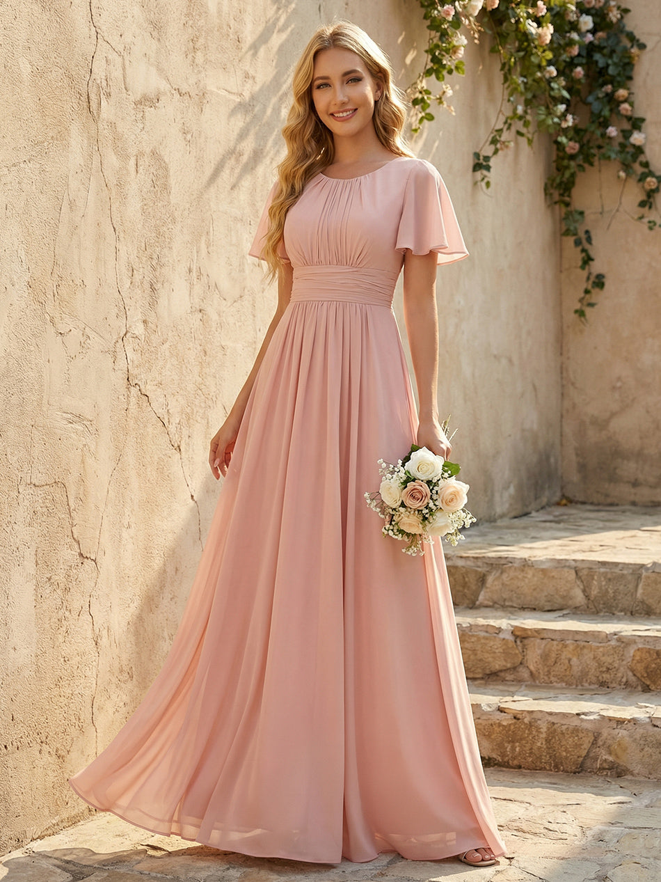 A-Line Chiffon Bridesmaid Dresses - Ruched Bodice & Flutter Short Sleeves