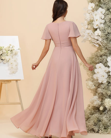 A-Line Chiffon Bridesmaid Dresses - Ruched Bodice & Flutter Short Sleeves