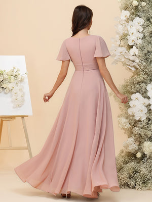 A-Line Chiffon Bridesmaid Dresses - Ruched Bodice & Flutter Short Sleeves