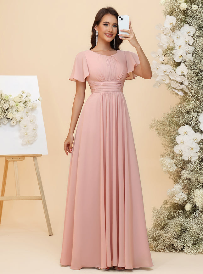 A-Line Chiffon Bridesmaid Dresses - Ruched Bodice & Flutter Short Sleeves