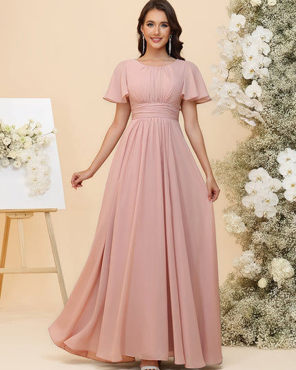 A-Line Chiffon Bridesmaid Dresses - Ruched Bodice & Flutter Short Sleeves