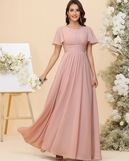 A-Line Chiffon Bridesmaid Dresses - Ruched Bodice & Flutter Short Sleeves