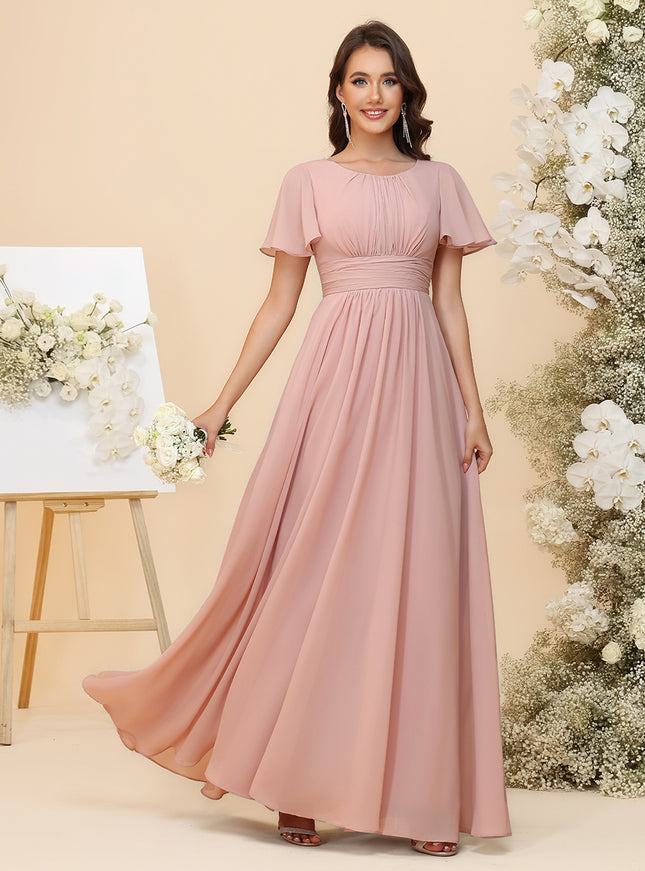 A-Line Chiffon Bridesmaid Dresses - Ruched Bodice & Flutter Short Sleeves