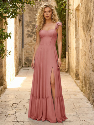 Spaghetti Straps Ruffles Chiffon Bridesmaid Dresses