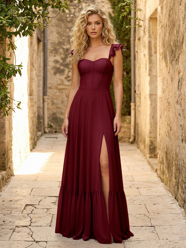 Spaghetti Straps Ruffles Chiffon Bridesmaid Dresses