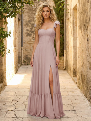 Spaghetti Straps Ruffles Chiffon Bridesmaid Dresses