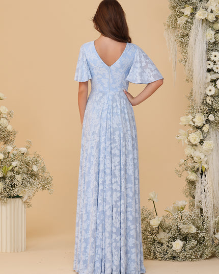 Short Sleeves Floral Chiffon Bridesmaid Dresses V Neck