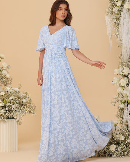 Short Sleeves Floral Chiffon Bridesmaid Dresses V Neck