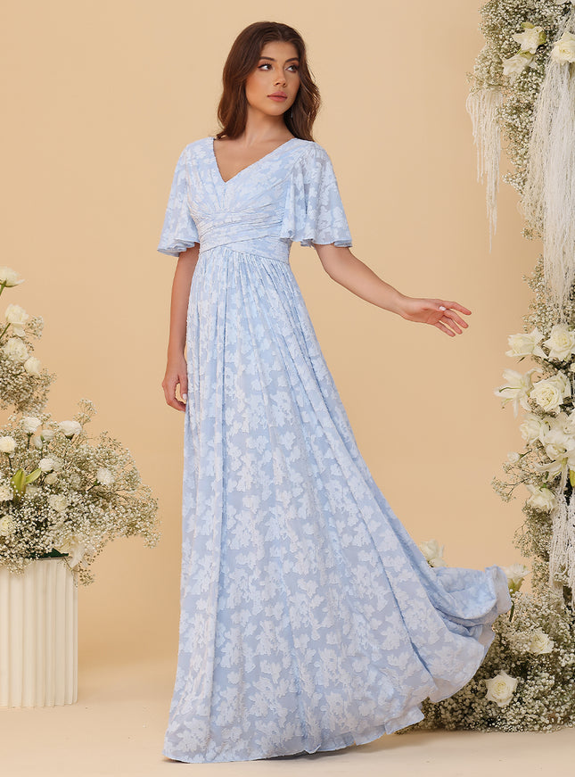 Short Sleeves Floral Chiffon Bridesmaid Dresses V Neck