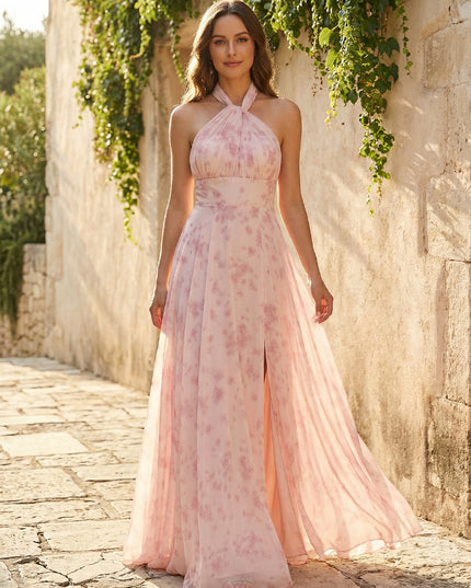 Halter Floral Chiffon Bridesmaid Dresses with Slit