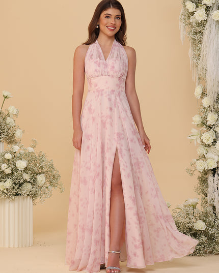 Halter Floral Chiffon Bridesmaid Dresses with Slit