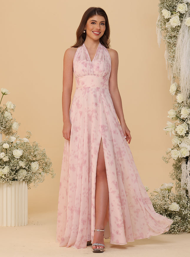 Halter Floral Chiffon Bridesmaid Dresses with Slit