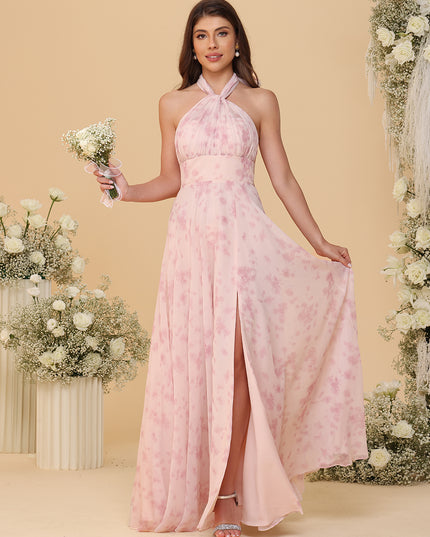 Halter Floral Chiffon Bridesmaid Dresses with Slit