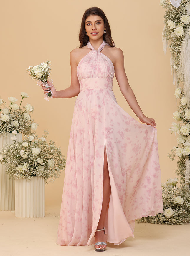 Halter Floral Chiffon Bridesmaid Dresses with Slit
