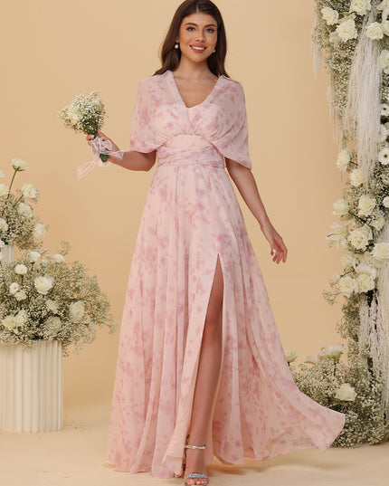 Halter Floral Chiffon Bridesmaid Dresses with Slit