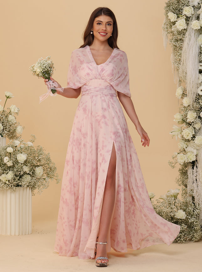 Halter Floral Chiffon Bridesmaid Dresses with Slit