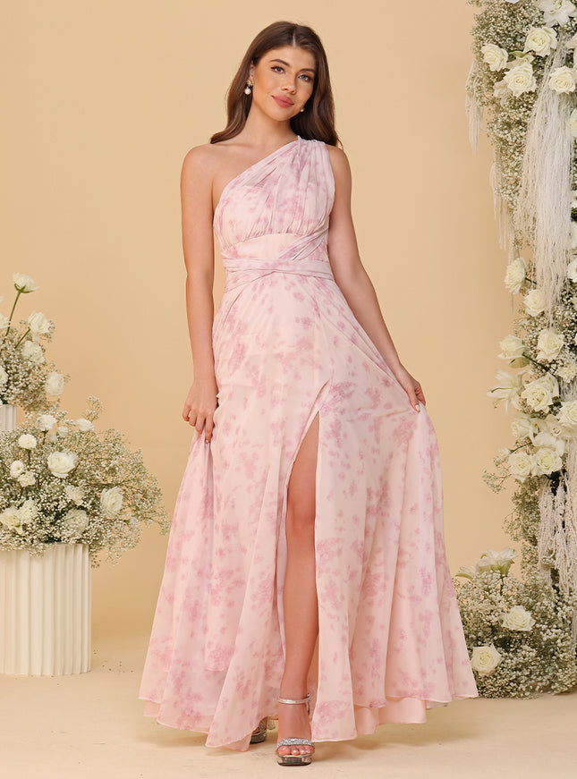 Halter Floral Chiffon Bridesmaid Dresses with Slit