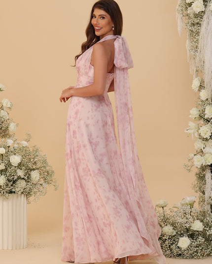 Halter Floral Chiffon Bridesmaid Dresses with Slit