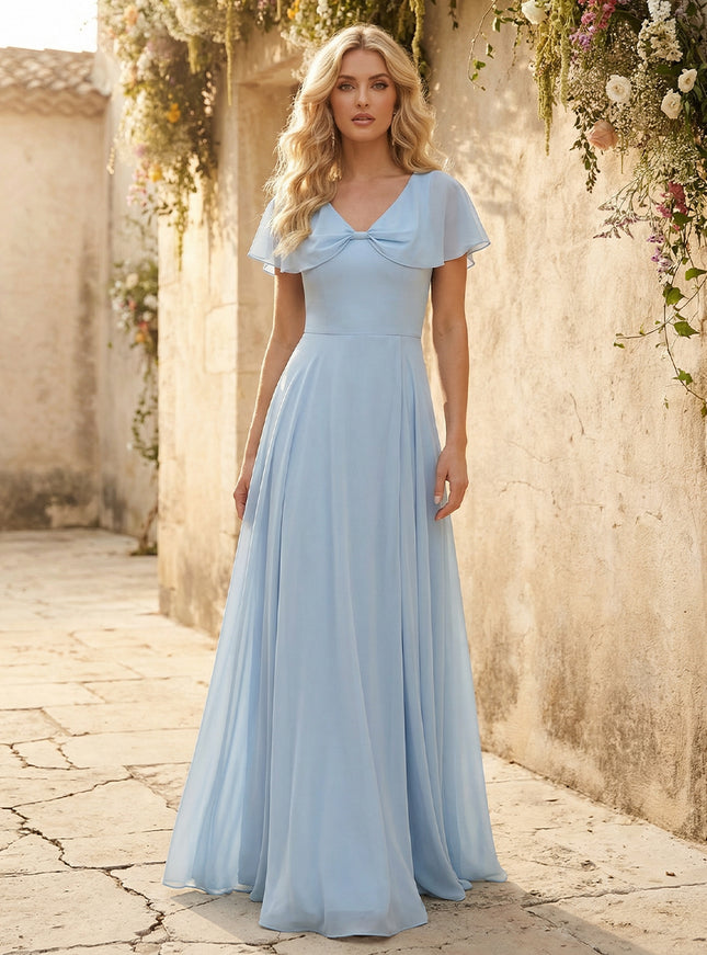 Short Sleeves V Neck Chiffon Bridesmaid Dresses with Slit