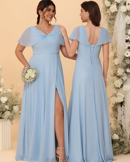 Short Sleeves V Neck Chiffon Bridesmaid Dresses with Slit