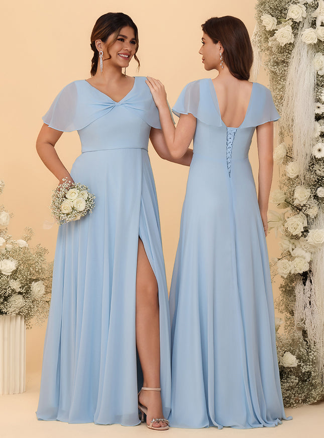 Short Sleeves V Neck Chiffon Bridesmaid Dresses with Slit