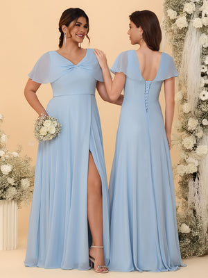 Short Sleeves V Neck Chiffon Formal Dresses with Slit