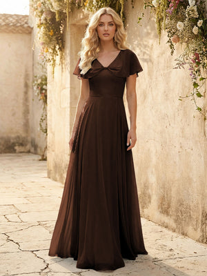 Short Sleeves V Neck Chiffon Formal Dresses with Slit
