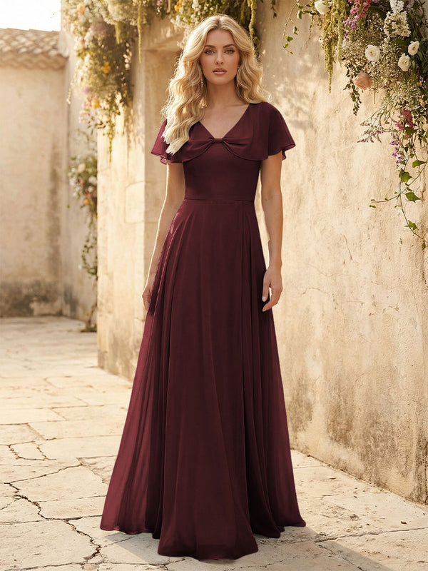 Short Sleeves V Neck Chiffon Formal Dresses with Slit