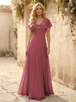 Short Sleeves V Neck Chiffon Formal Dresses with Slit