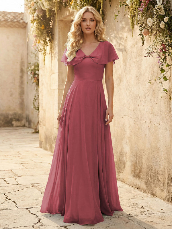 Short Sleeves V Neck Chiffon Formal Dresses with Slit