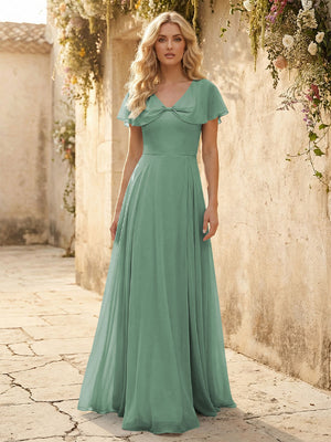 Short Sleeves V Neck Chiffon Formal Dresses with Slit