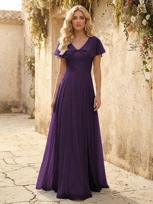 Short Sleeves V Neck Chiffon Formal Dresses with Slit