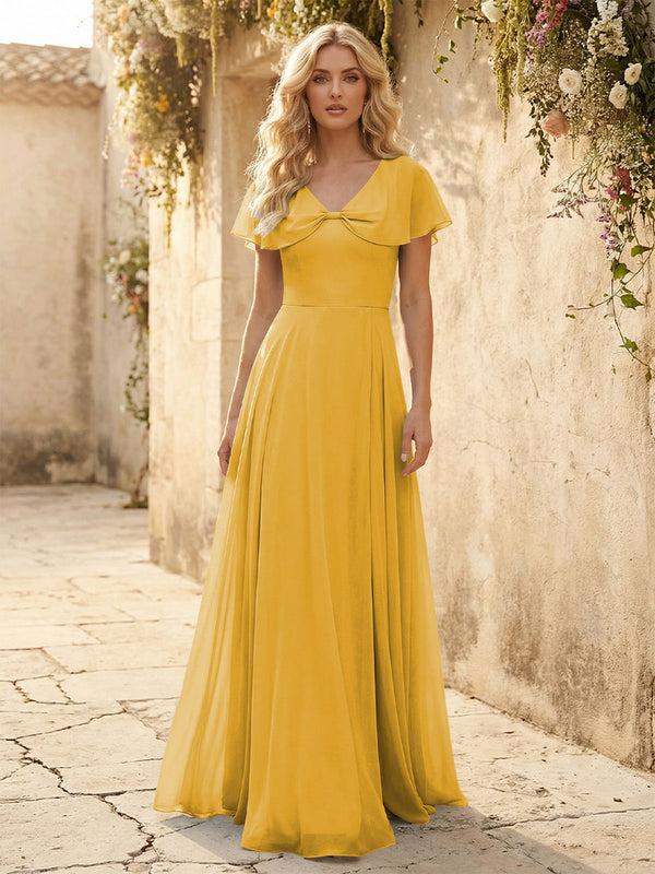 Short Sleeves V Neck Chiffon Formal Dresses with Slit