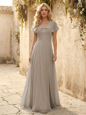 Short Sleeves V Neck Chiffon Formal Dresses with Slit