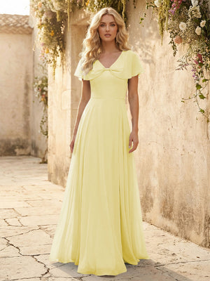 Short Sleeves V Neck Chiffon Formal Dresses with Slit