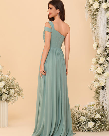 One Shoulder Chiffon Pleated Bridesmaid Dresses with Slit