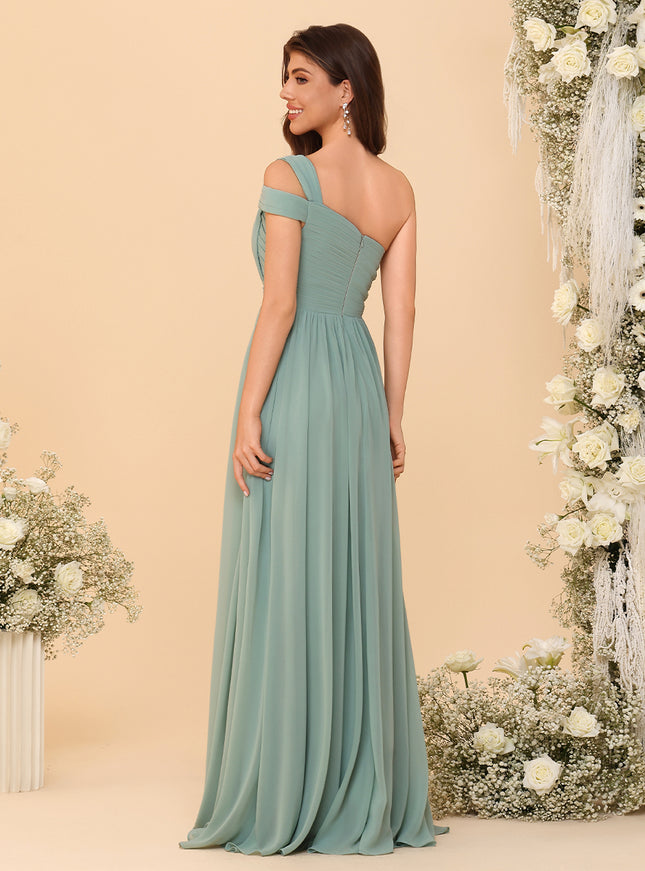 One Shoulder Chiffon Pleated Bridesmaid Dresses with Slit
