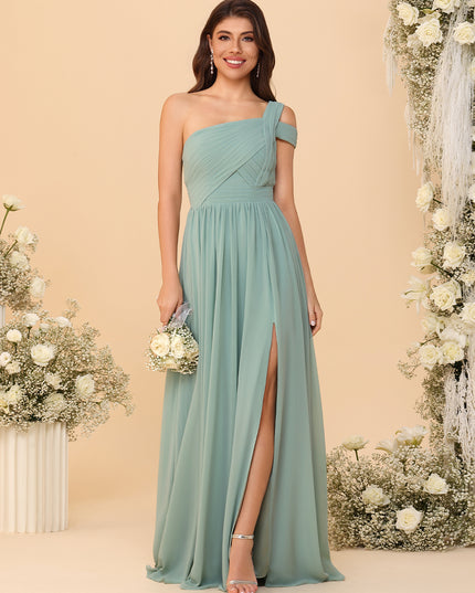 One Shoulder Chiffon Pleated Bridesmaid Dresses with Slit