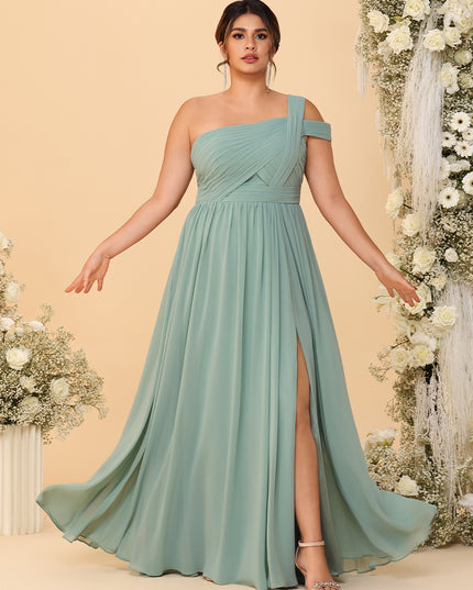One Shoulder Chiffon Pleated Bridesmaid Dresses with Slit