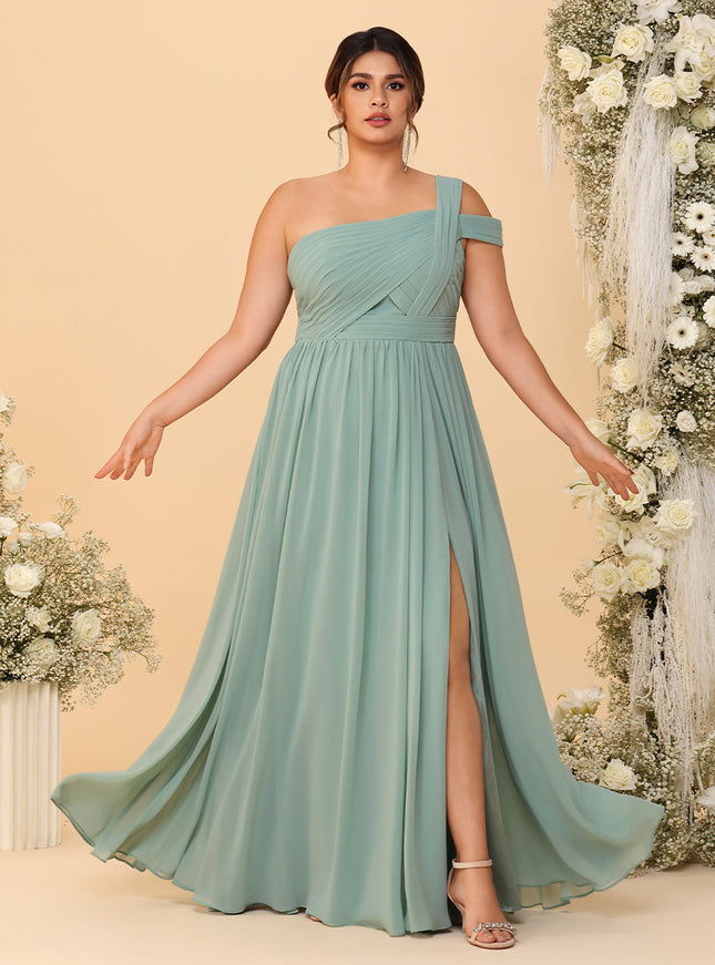One Shoulder Chiffon Pleated Bridesmaid Dresses with Slit